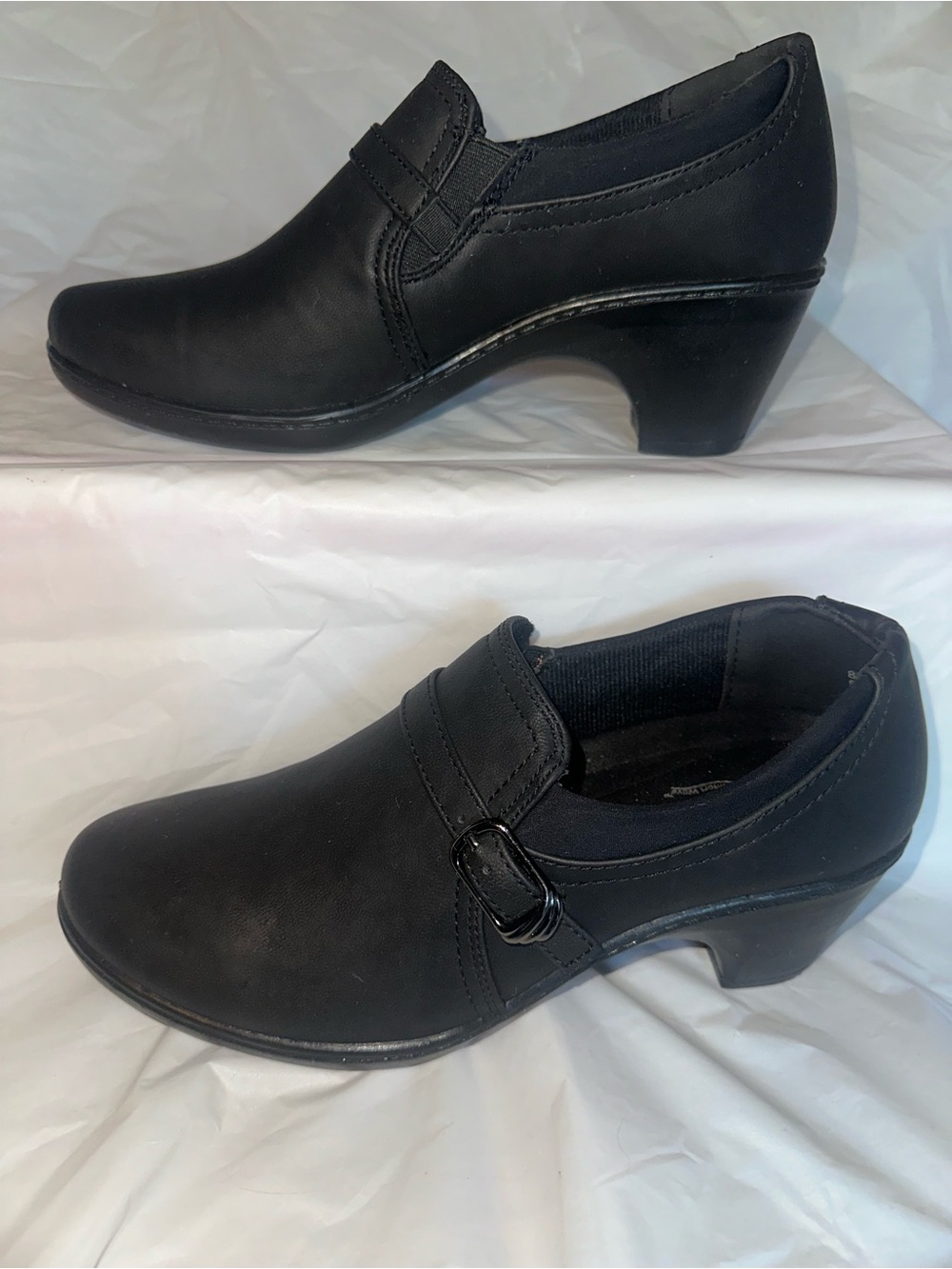 Women’s Black Slip-On Low Heel Shoes. Easy street comfort wave.